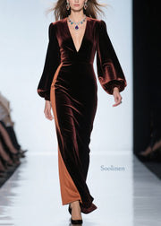 Loose Colorblock V Neck Patchwork Velvet Dress Fall