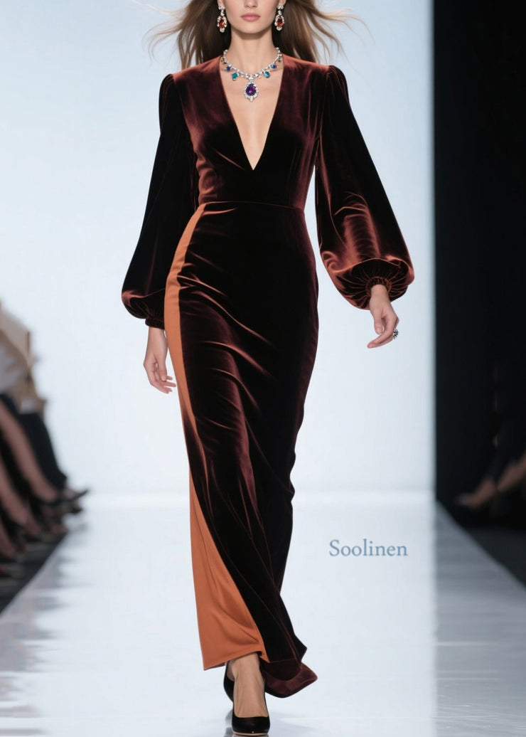 Loose Colorblock V Neck Patchwork Velvet Dress Fall