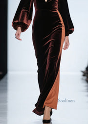 Loose Colorblock V Neck Patchwork Velvet Dress Fall