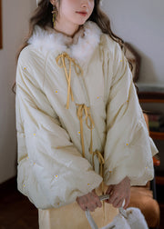 Loose Cream Yellow Fur Collar Embroidered Lace Up Cotton Filled Parkaer Winter