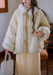 Loose Cream Yellow Fur Collar Embroidered Lace Up Cotton Filled Parkaer Winter