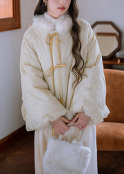 Loose Cream Yellow Fur Collar Embroidered Lace Up Cotton Filled Parkaer Winter