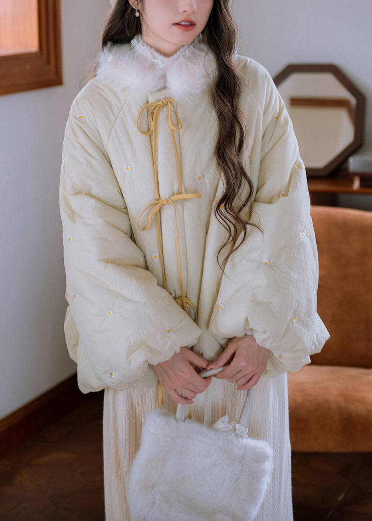 Loose Cream Yellow Fur Collar Embroidered Lace Up Cotton Filled Parkaer Winter