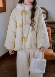 Loose Cream Yellow Fur Collar Embroidered Lace Up Cotton Filled Parkaer Winter