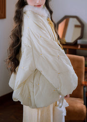 Loose Cream Yellow Fur Collar Embroidered Lace Up Cotton Filled Parkaer Winter