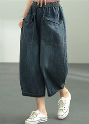 Loose Dark Blue Elastic Waist Oversized Big Pockets Cotton Denim Harem Pants Summer