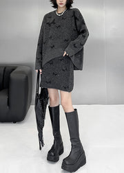 Loose Dark Gray Butterfly Sequins Sweaters And Skirts Knit Two Pieces Set