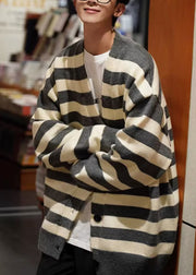 Loose Dark Gray Striped Button Knit Mens Coats Spring