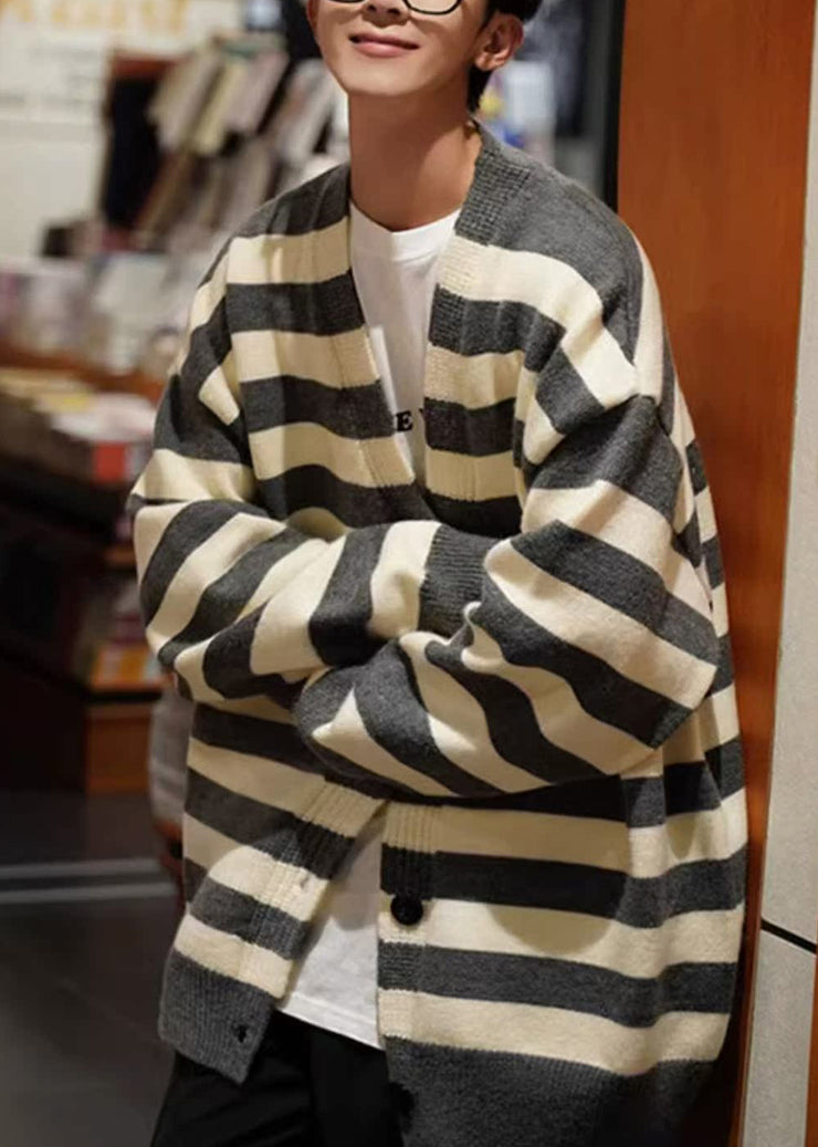 Loose Dark Gray Striped Button Knit Mens Coats Spring