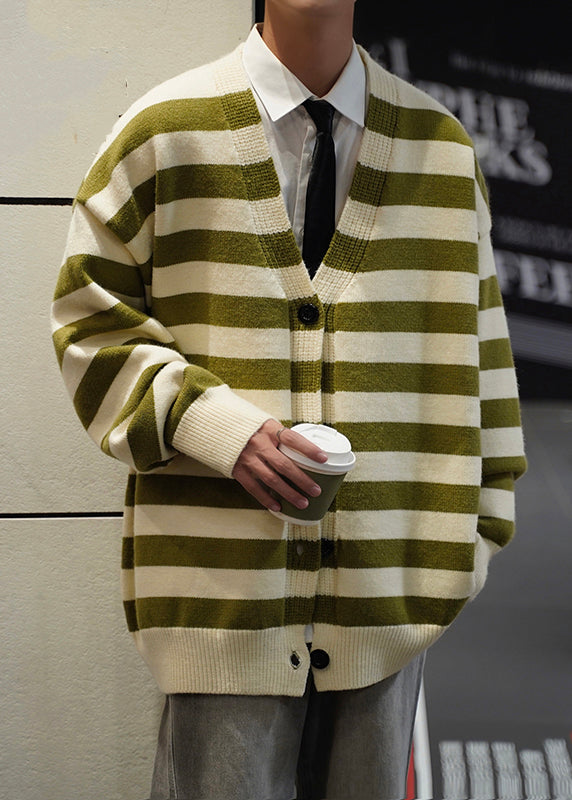 Loose Dark Gray Striped Button Knit Mens Coats Spring