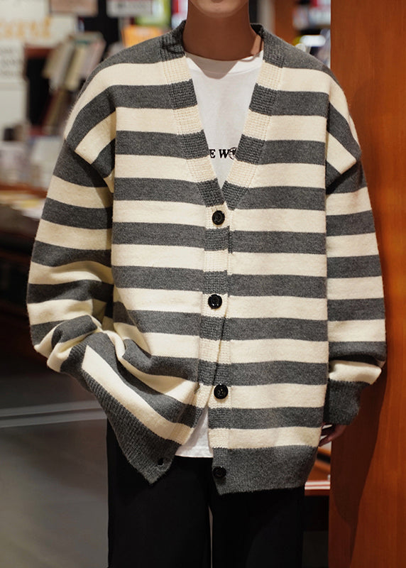 Loose Dark Gray Striped Button Knit Mens Coats Spring