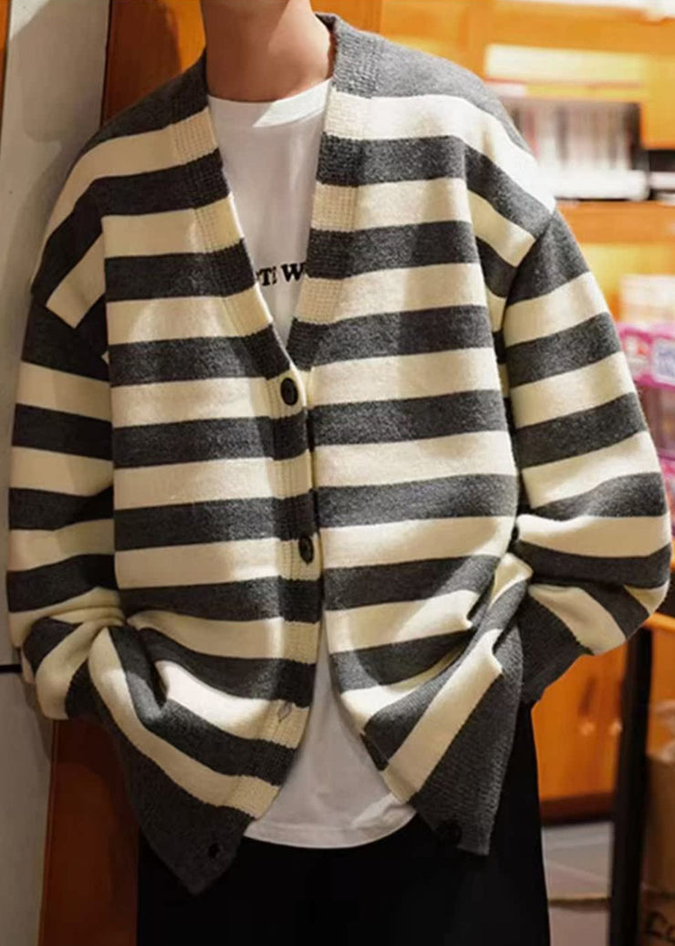 Loose Dark Gray Striped Button Knit Mens Coats Spring