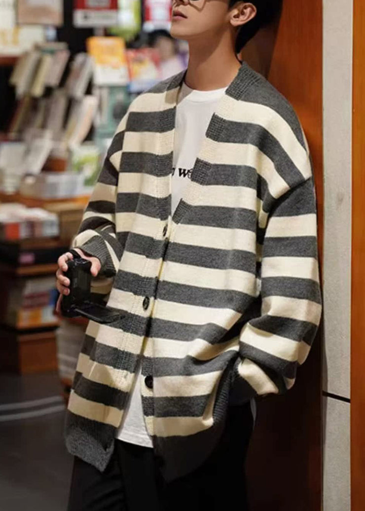 Loose Dark Gray Striped Button Knit Mens Coats Spring