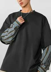 Loose Dark Gray Striped Patchwork False Two Pieces Cotton Mens T Shirt Spring