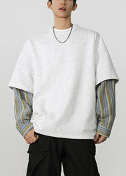 Loose Dark Gray Striped Patchwork False Two Pieces Cotton Mens T Shirt Spring