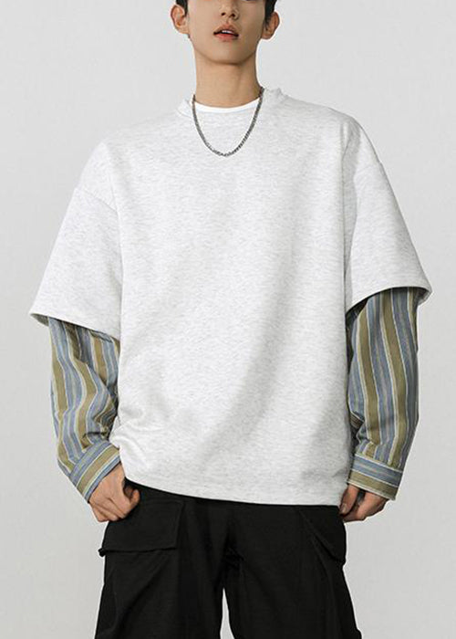 Loose Dark Gray Striped Patchwork False Two Pieces Cotton Mens T Shirt Spring
