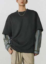 Loose Dark Gray Striped Patchwork False Two Pieces Cotton Mens T Shirt Spring