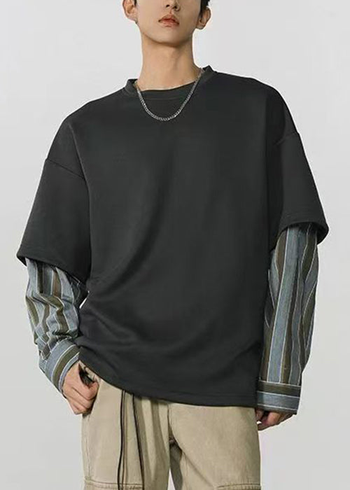 Loose Dark Gray Striped Patchwork False Two Pieces Cotton Mens T Shirt Spring