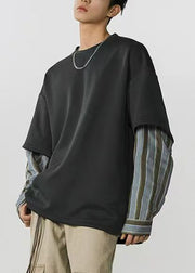 Loose Dark Gray Striped Patchwork False Two Pieces Cotton Mens T Shirt Spring