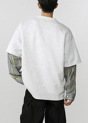 Loose Dark Gray Striped Patchwork False Two Pieces Cotton Mens T Shirt Spring