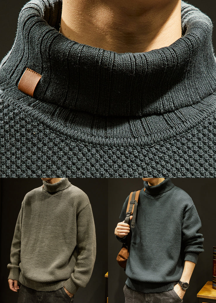 Loose Dark Gray Turtleneck Thick Cotton Knit Men Sweaters Winter