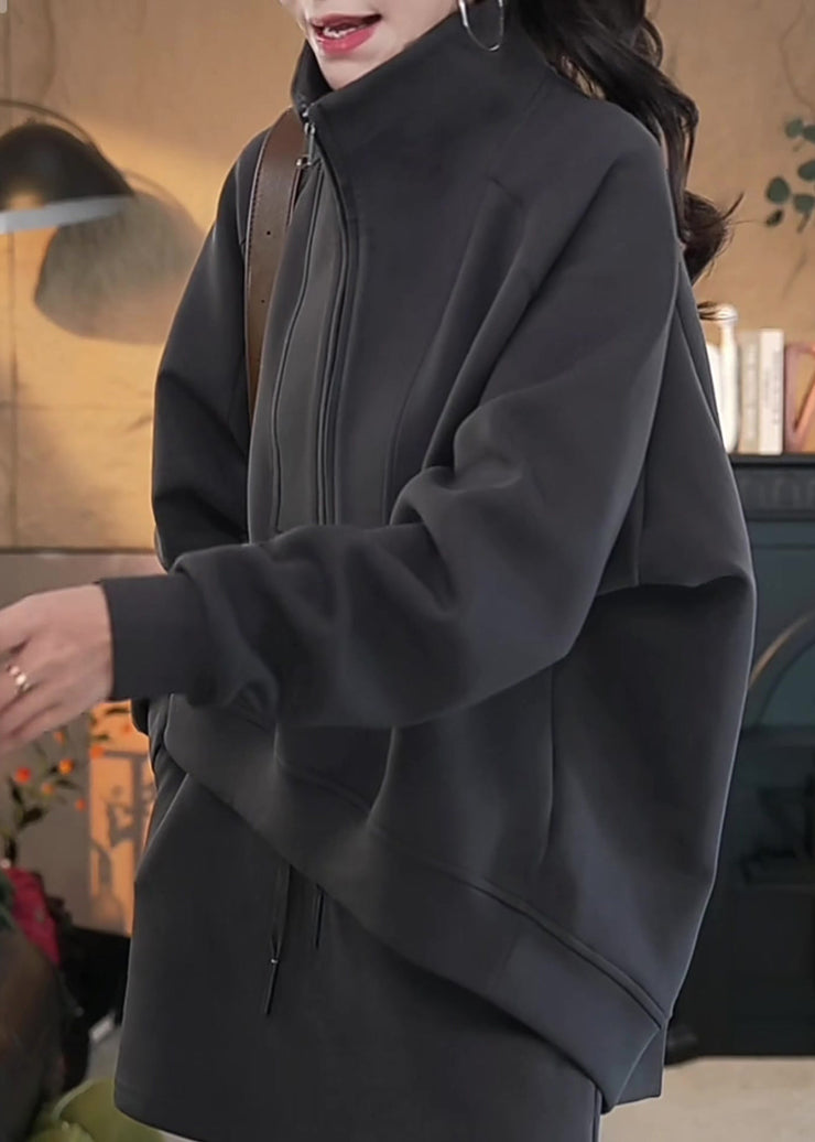 Loose Dark Gray Zippered Sweatshirt And Skirts Cotton Two Pieces Set Fall