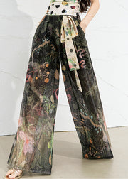 Loose Dark Green Pockets Print Wide Leg Pants Summer
