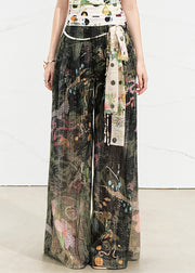 Loose Dark Green Pockets Print Wide Leg Pants Summer