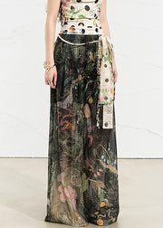 Loose Dark Green Pockets Print Wide Leg Pants Summer