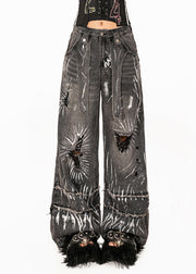 Loose Dark Grey Pockets Tie Dye Hole High Waist Wide Leg Jeans
