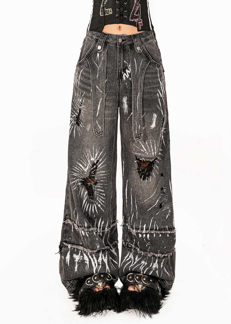 Loose Dark Grey Pockets Tie Dye Hole High Waist Wide Leg Jeans
