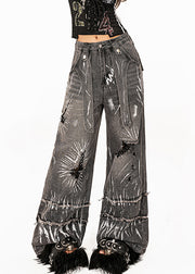 Loose Dark Grey Pockets Tie Dye Hole High Waist Wide Leg Jeans