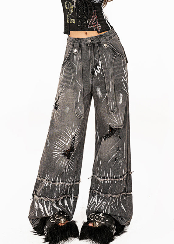 Loose Dark Grey Pockets Tie Dye Hole High Waist Wide Leg Jeans