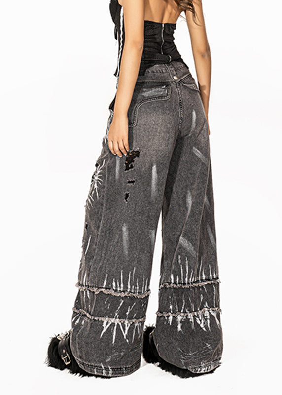 Loose Dark Grey Pockets Tie Dye Hole High Waist Wide Leg Jeans