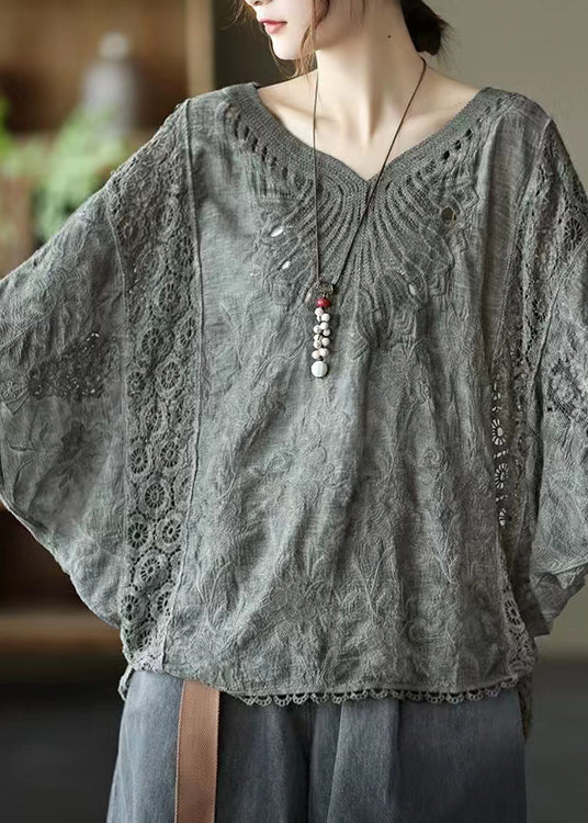 Loose Dark Grey V Neck Hollow Out Cotton T Shirts Top Summer