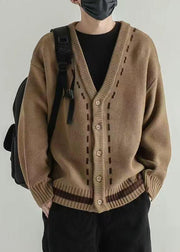 Loose Dark Khaki V Neck Button Knit Men Cardigan Spring