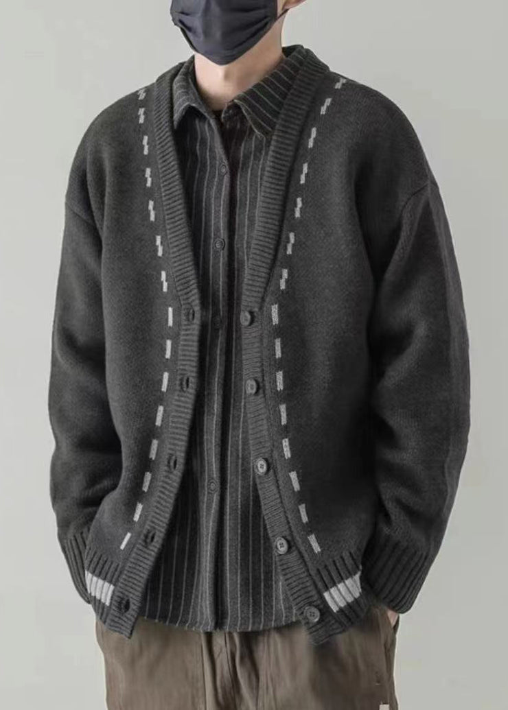 Loose Dark Khaki V Neck Button Knit Men Cardigan Spring
