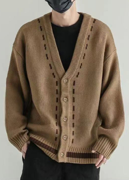 Loose Dark Khaki V Neck Button Knit Men Cardigan Spring