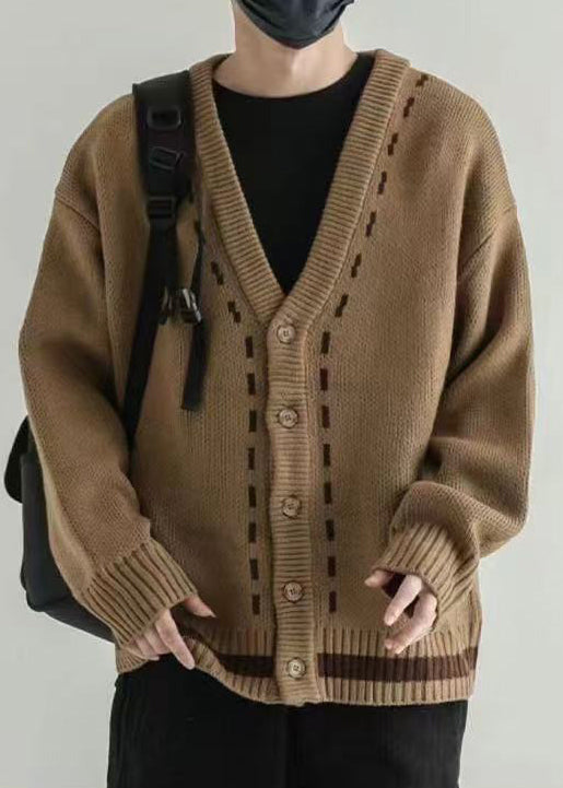 Loose Dark Khaki V Neck Button Knit Men Cardigan Spring