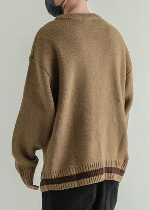 Loose Dark Khaki V Neck Button Knit Men Cardigan Spring