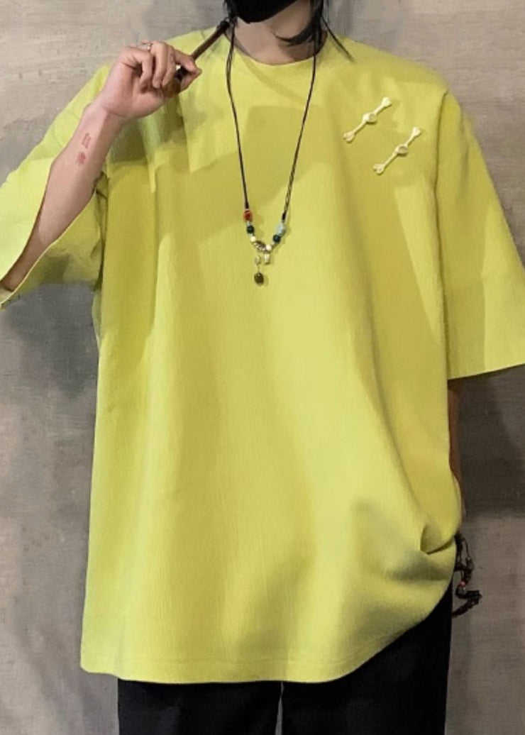 Loose Fluorescent Green Button Solid Cotton Men T Shirts Half Sleeve