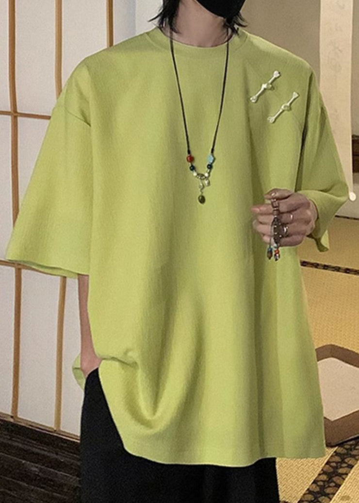 Loose Fluorescent Green Button Solid Cotton Men T Shirts Half Sleeve