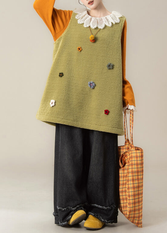 Loose Fruit Green Floral Fluffy Waistcoat And Black Ruffled Pants Two Pieces Set Sleeveless