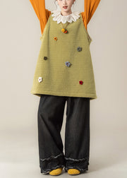 Loose Fruit Green Floral Fluffy Waistcoat And Black Ruffled Pants Two Pieces Set Sleeveless