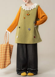 Loose Fruit Green Floral Fluffy Waistcoat And Black Ruffled Pants Two Pieces Set Sleeveless