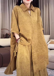 Loose Gold Peter Pan Collar Side Open Silk Two Pieces Set Half Sleeve