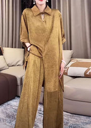 Loose Gold Peter Pan Collar Side Open Silk Two Pieces Set Half Sleeve