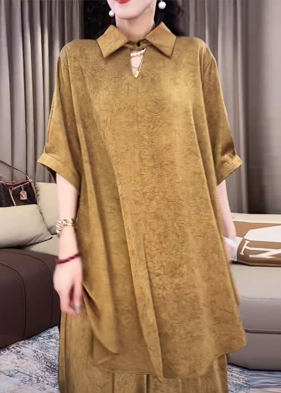 Loose Gold Peter Pan Collar Side Open Silk Two Pieces Set Half Sleeve