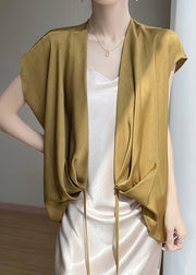 Loose Gold V Neck Lace Up Silk Shirts Summer
