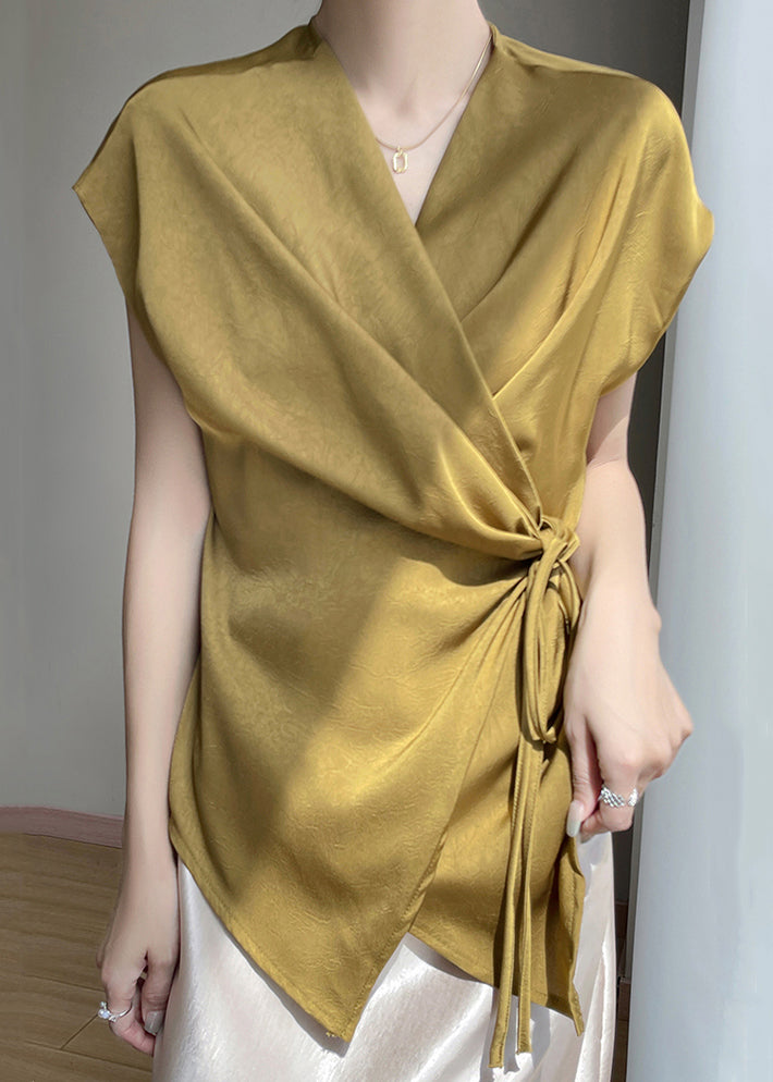 Loose Gold V Neck Lace Up Silk Shirts Summer